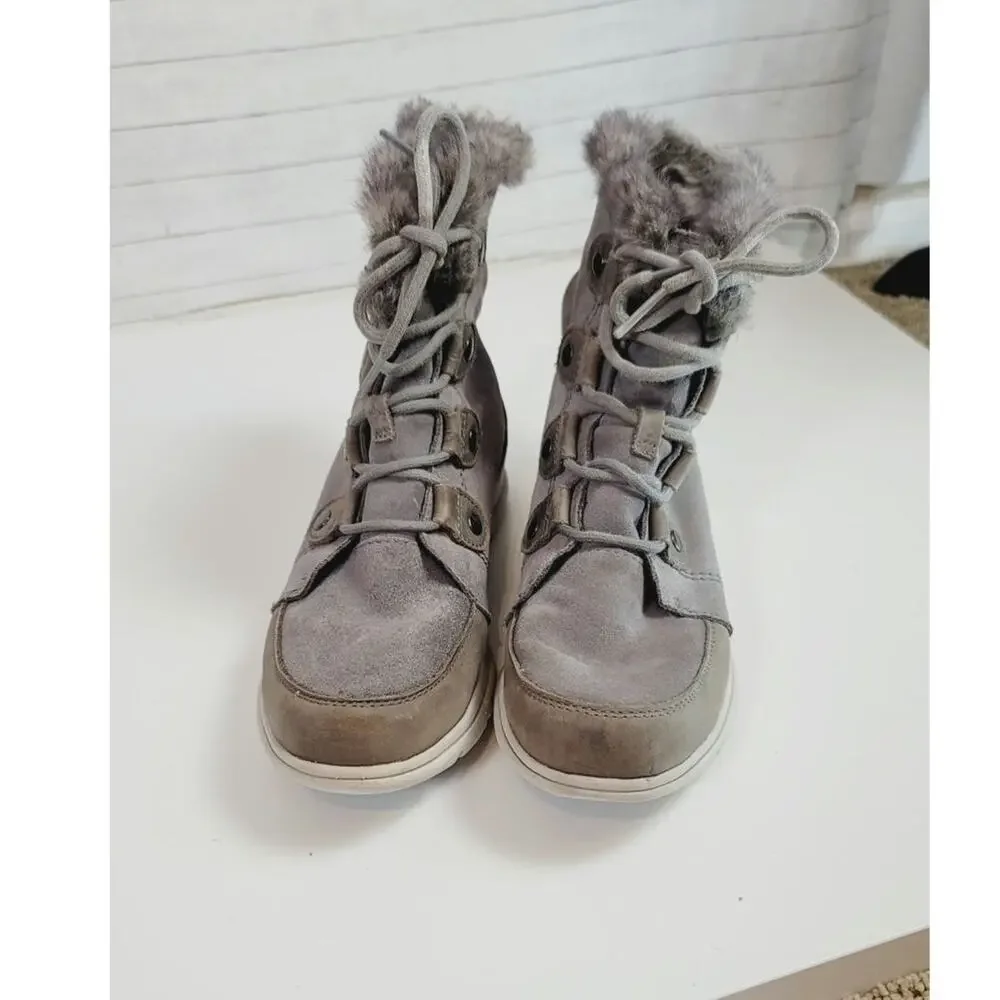 Sorel Explorer Joan Suede Waterproof Winter Boots in Quarry, sz 8.5